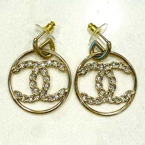 2020 Chanel Iconic “V” Collection Floating Hoops with CC Crystal & Gold Logos